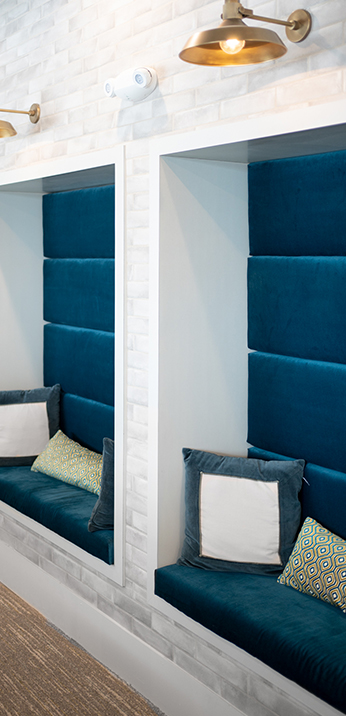 Seating area with cushions.